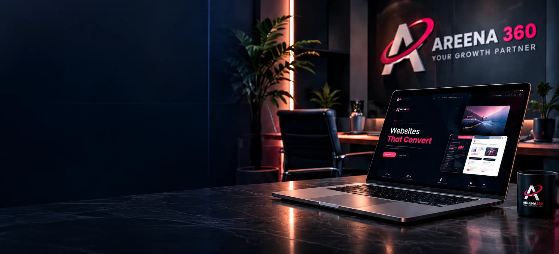 Areena360's digital agency workspace, with a laptop and branded office wall