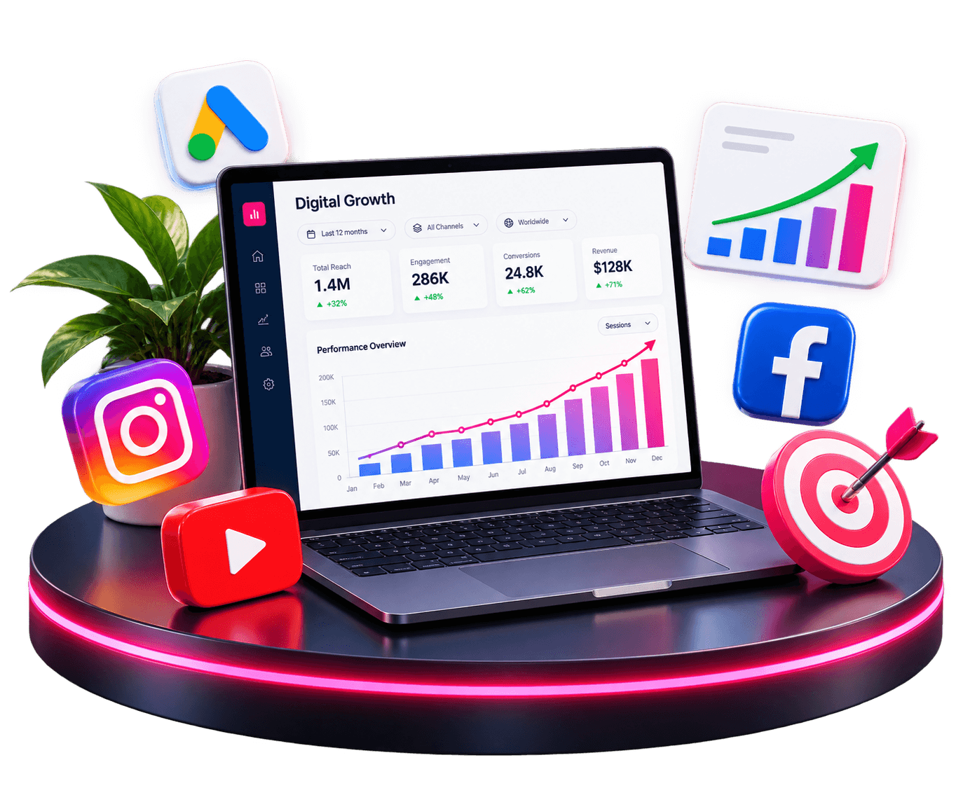 Laptop displaying digital growth charts, surrounded by social marketing channels